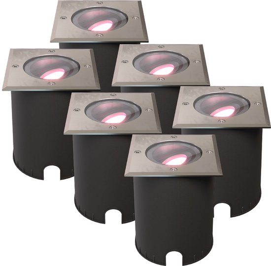 HOFTRONIC SMART HOFTRONIC - Set van 6 Cody Smart Grondspots XL RVS - Vierkant - Kantelbaar - RGB + WW - GU10 5,5W 345 Lumen - Smart Home tuinverlichting