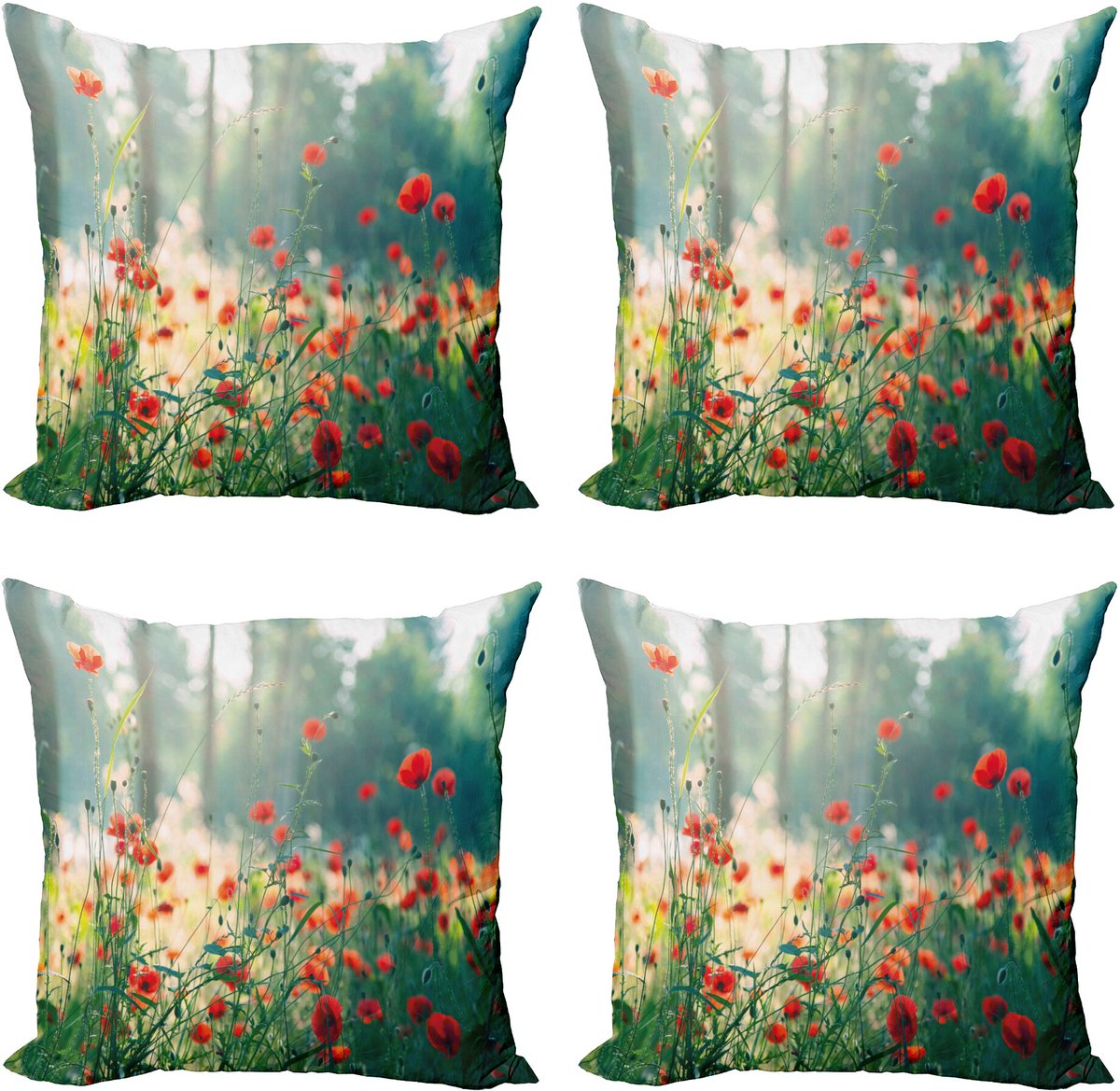 New Bed Natuur Wild Rood Klaprozenveld Decoratieve Sierkussenhoes Set van 4 voor Bank Slaapkamer Woonkamer, 41cm x 41cm Gedrukte Kussenhoes