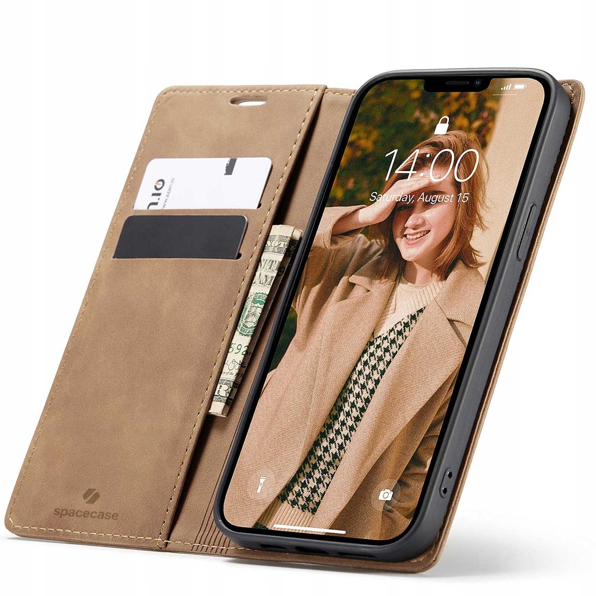 Spacecase Case Cover Voor Iphone 13 Pro Max Sc Wallet Lichtbruin