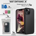 Zwarte iPhone 13/14 hoes, screenprotector en accessoires, met tekst over wat er in de verpakking zit.