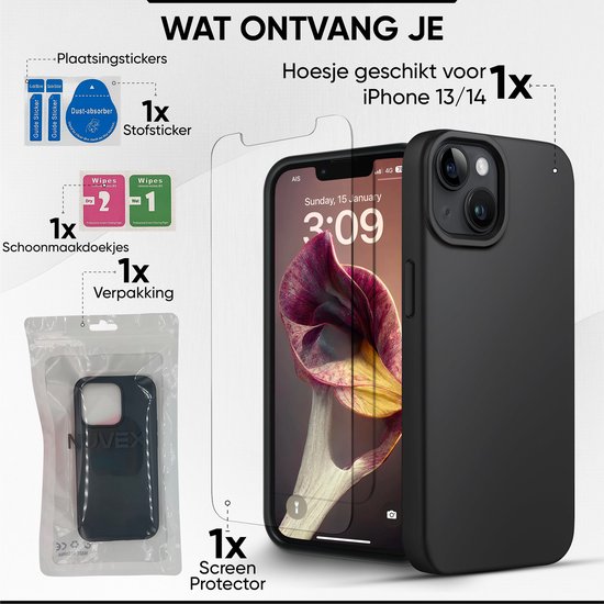 Zwarte iPhone 13/14 hoes, screenprotector en accessoires, met tekst over wat er in de verpakking zit.
