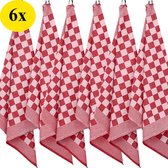 Zes rood-wit geblokte keukendoeken hangen aan haken. Gele cirkel met '6x'.