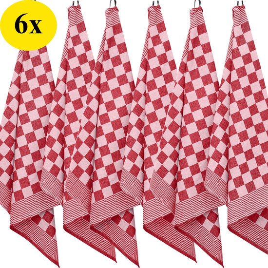 Zes rood-wit geblokte keukendoeken hangen aan haken. Gele cirkel met '6x'.