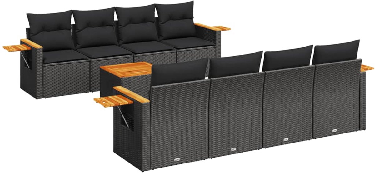 The Living Store 9-delige Loungeset met kussens poly rattan zwart - Loungebank - Lounge Set - Tuinlounge - Buitendiner - Outdoor Furniture