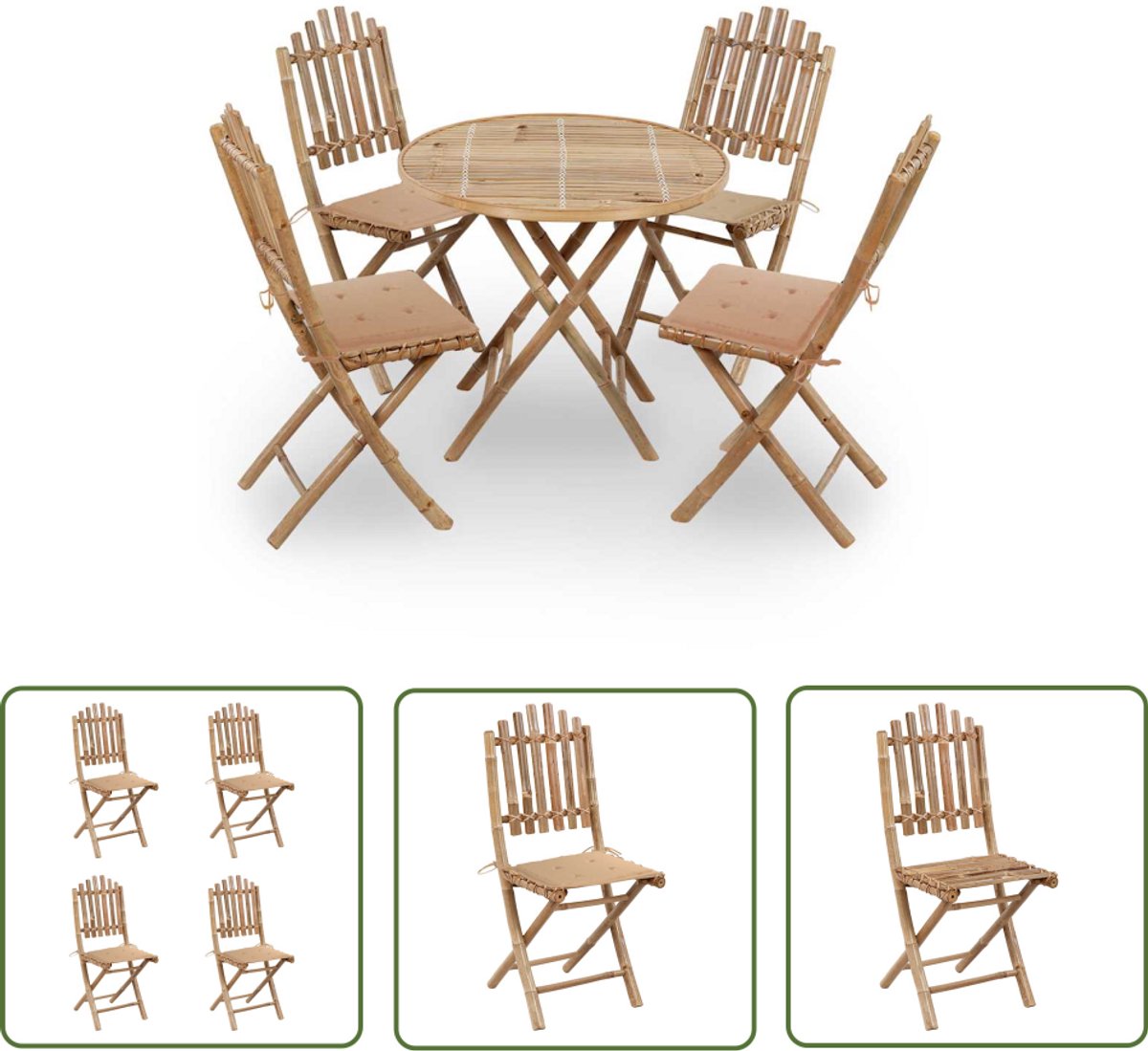 The Living Store 5-delige Tuinset inklapbaar met kussens bamboe - Bamboetuinset - Eetkamerset Buiten - Tuinset Met Kussens - Vouwtafel - Vouwstoelen
