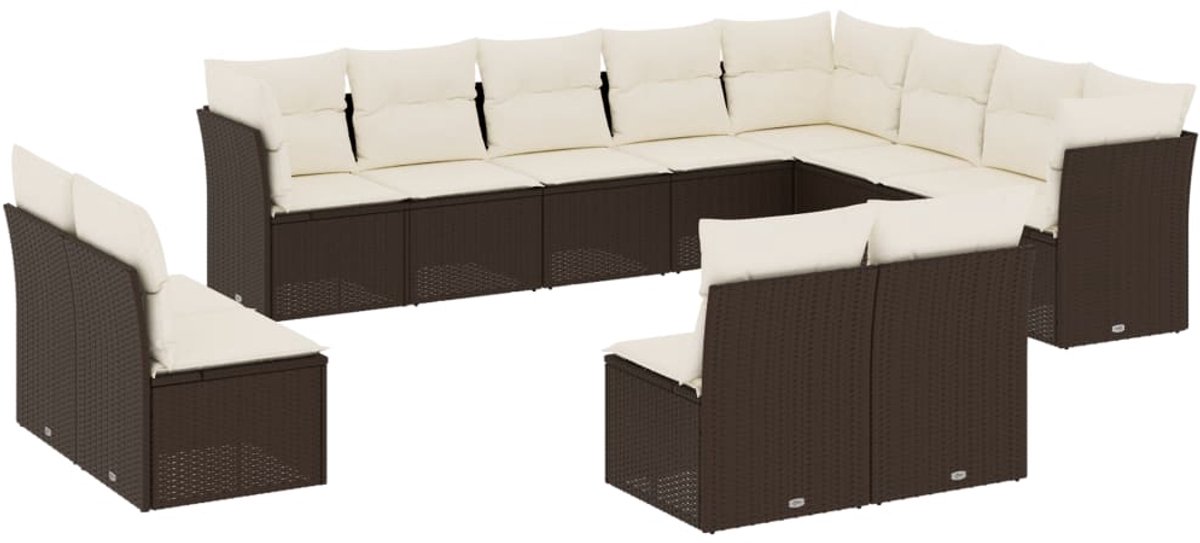 The Living Store 12-delige Loungeset met kussens poly rattan bruin - Loungebank - Lounge Set - Tuinset - Buitendecoratie - Tuinbank