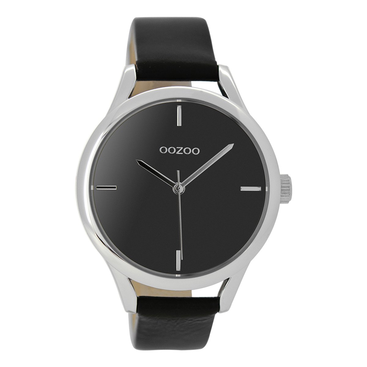 OOZOO Timepieces - Zilverkleurige horloge met zwarte leren band - C9144