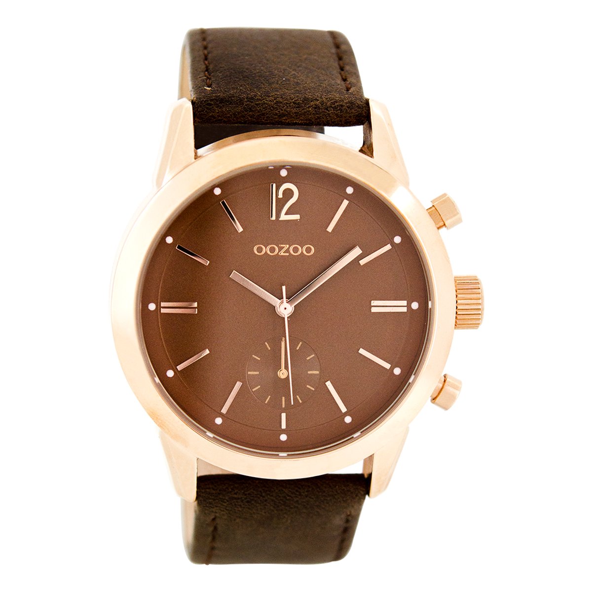 OOZOO Timepieces - Rosé goudkleurige horloge met donker bruine leren band - C8014