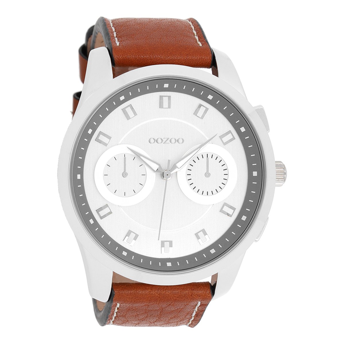 OOZOO Timepieces - Zilverkleurige horloge met cognac leren band - C8205