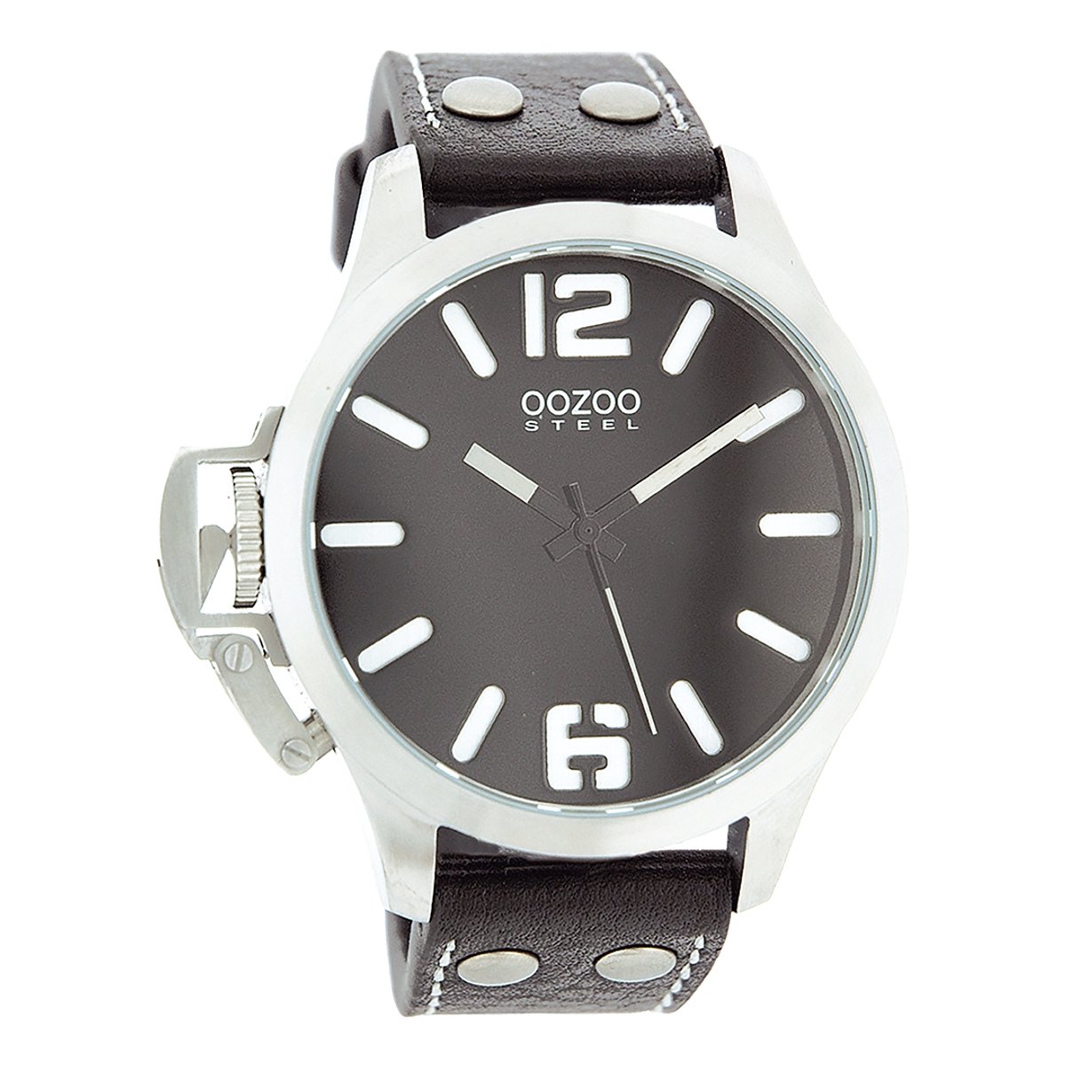 OOZOO Timepieces - Zilverkleurige horloge met zwarte leren band - OS056