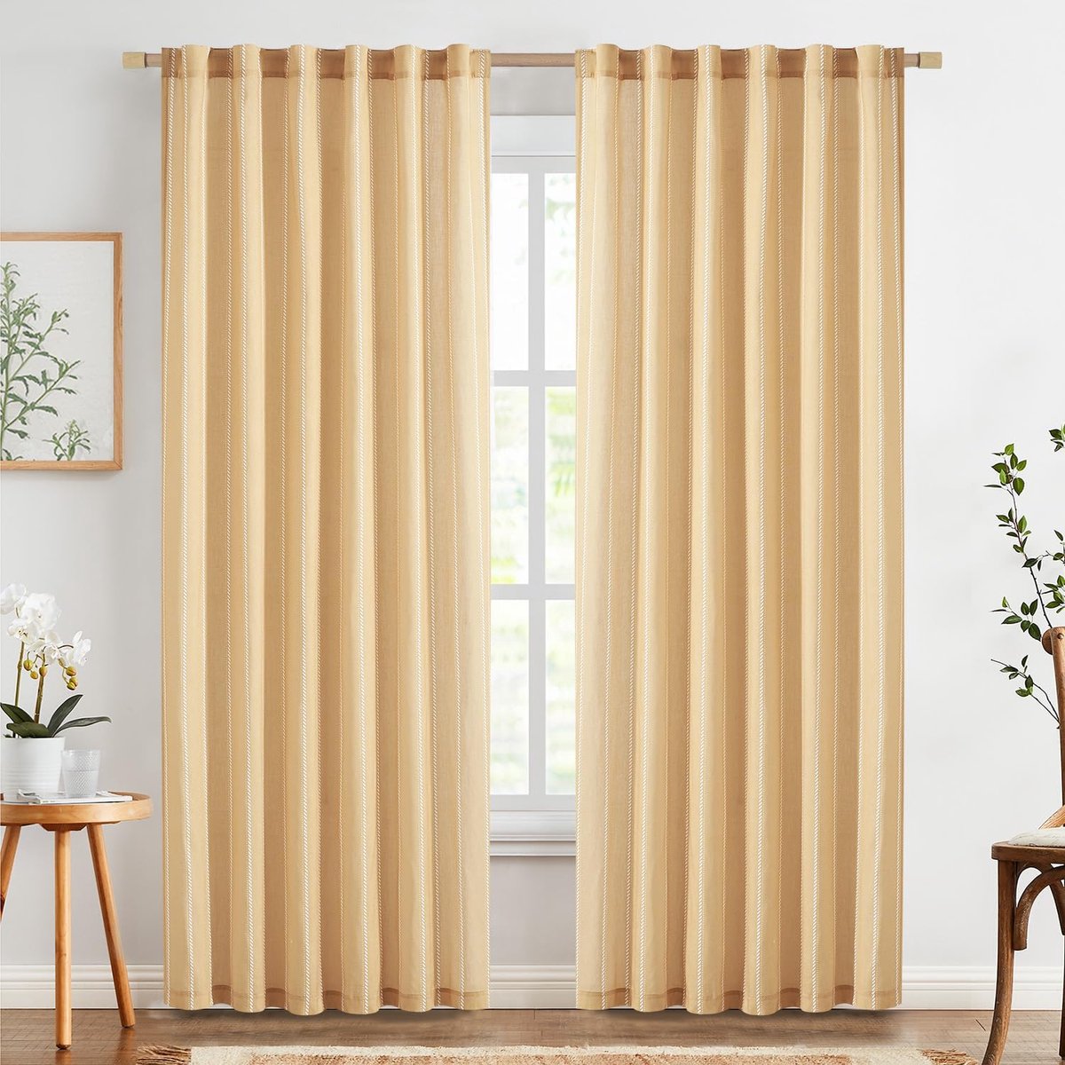 Strak Gestreepte Gordijnen met Lussen voor Woonkamer en Slaapkamer, Set van 2, Geel, 140 x 210 cm