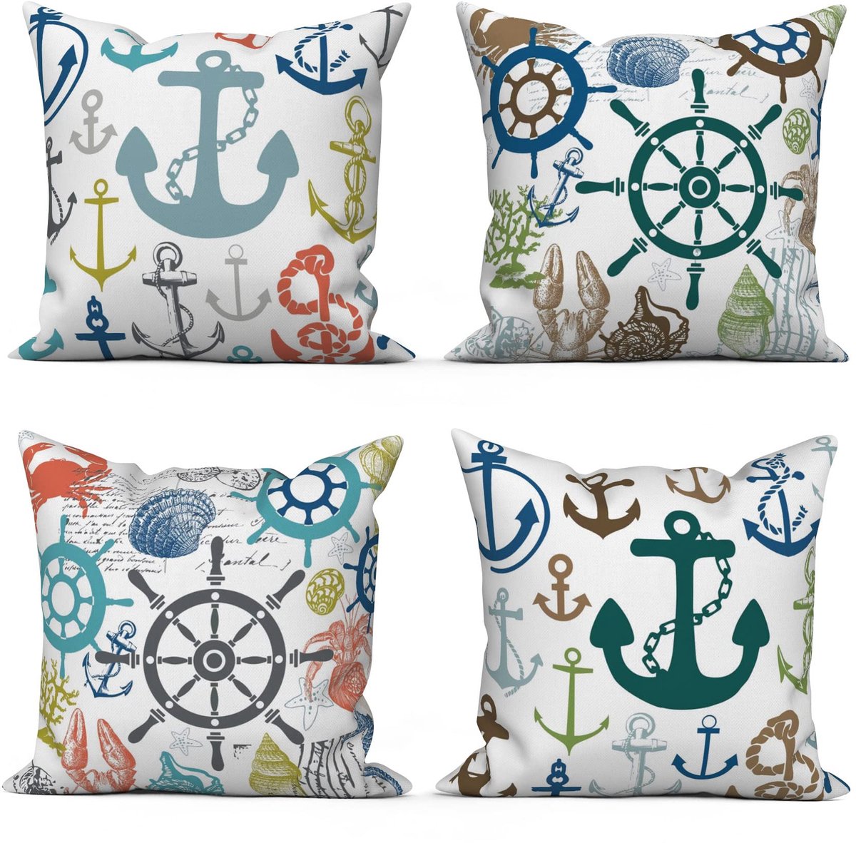 My Ninki ® Set van Vier Maritieme Kussenhoezen 40 x 40 cm met Anker en Zeekompas Design