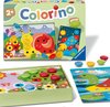 Colorino spel: De deksel toont een slak en een raket. Ook de speelgoeddoos met de blokjes en borden.