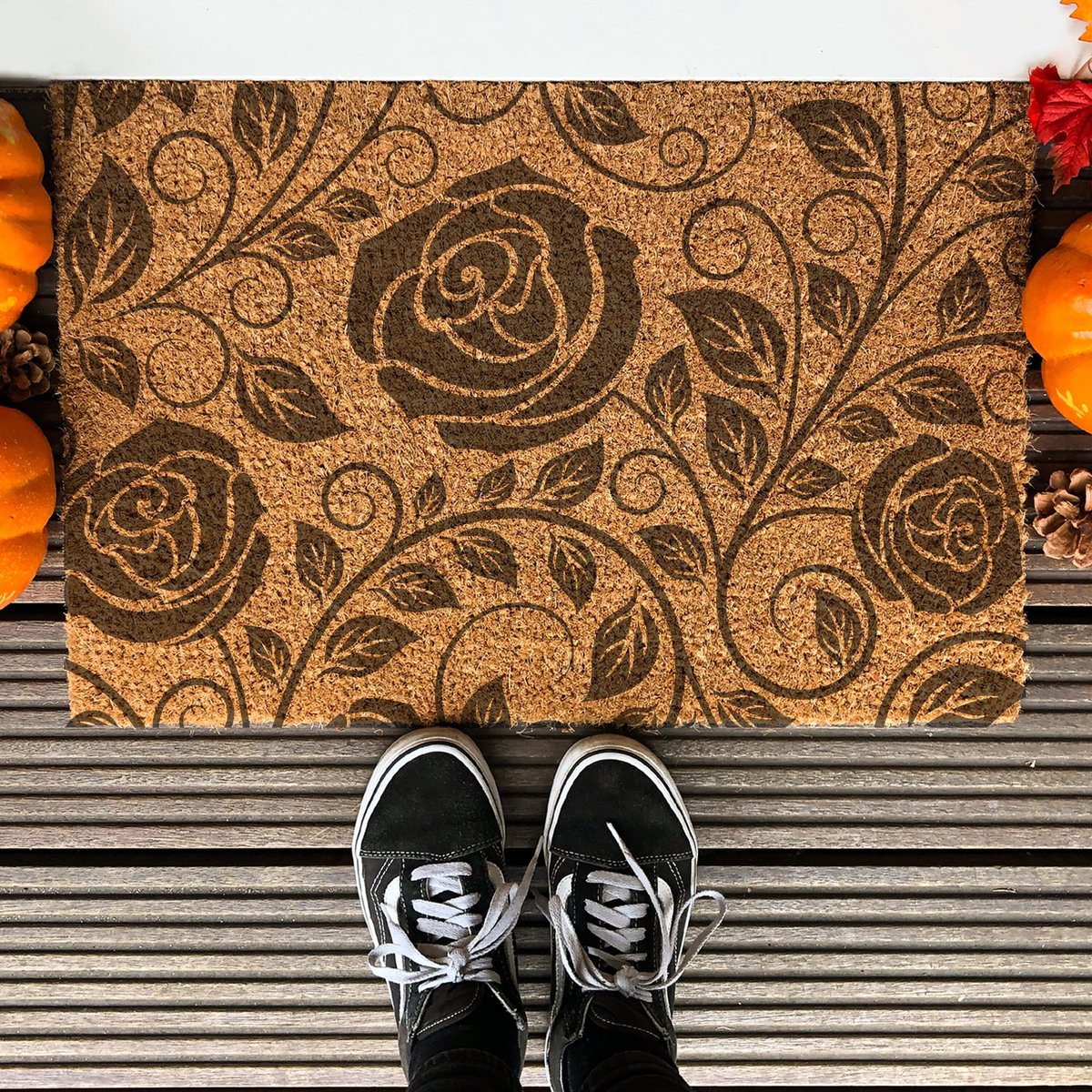 Laser Point Roses | 90x60 cm | Nieuwe huis cadeau | Ingangsmat | Deurmat met stijl | Verhuizing cadeau | Praktisch & trendy | Perfect voor binnenkomst | Cadeau voor nieuwe woning Bruin | Zwart (Gravering 90x60)
