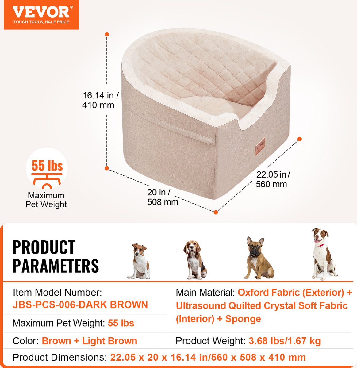 VEVOR Hondenautostoel voor-/Achterzit Hondenstoel Auto 560x508x410mm 25kg Bruin – foto 7