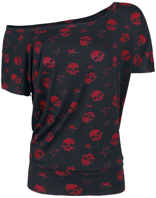Full Volume Zwart-rood t-shirt met doodshoofdprint - Dames - 5XL