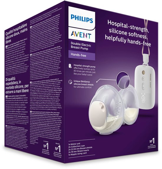 Boîte du tire-lait électrique double Philips Avent. Avec texte néerlandais, français et grec. Comprend l'unité moteur, les tasses, les inserts et le cordon.