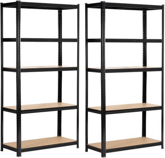 Étagère double en métal noir 90 x 40 x 180 cm - Meuble de rangement sur pied en acier et MDF avec 5 étagères, charge maximale 175 kg, à monter soi-même, pour une intégration Universal et système.
