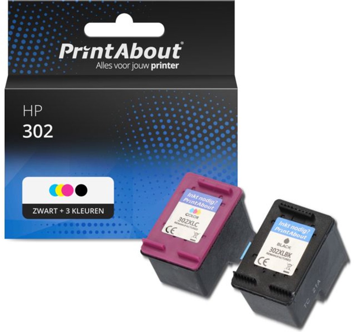 PrintAbout Huismerk HP 302 (X4D37AE) Inktcartridge Zwart + 3 kleuren Voordeelbundel