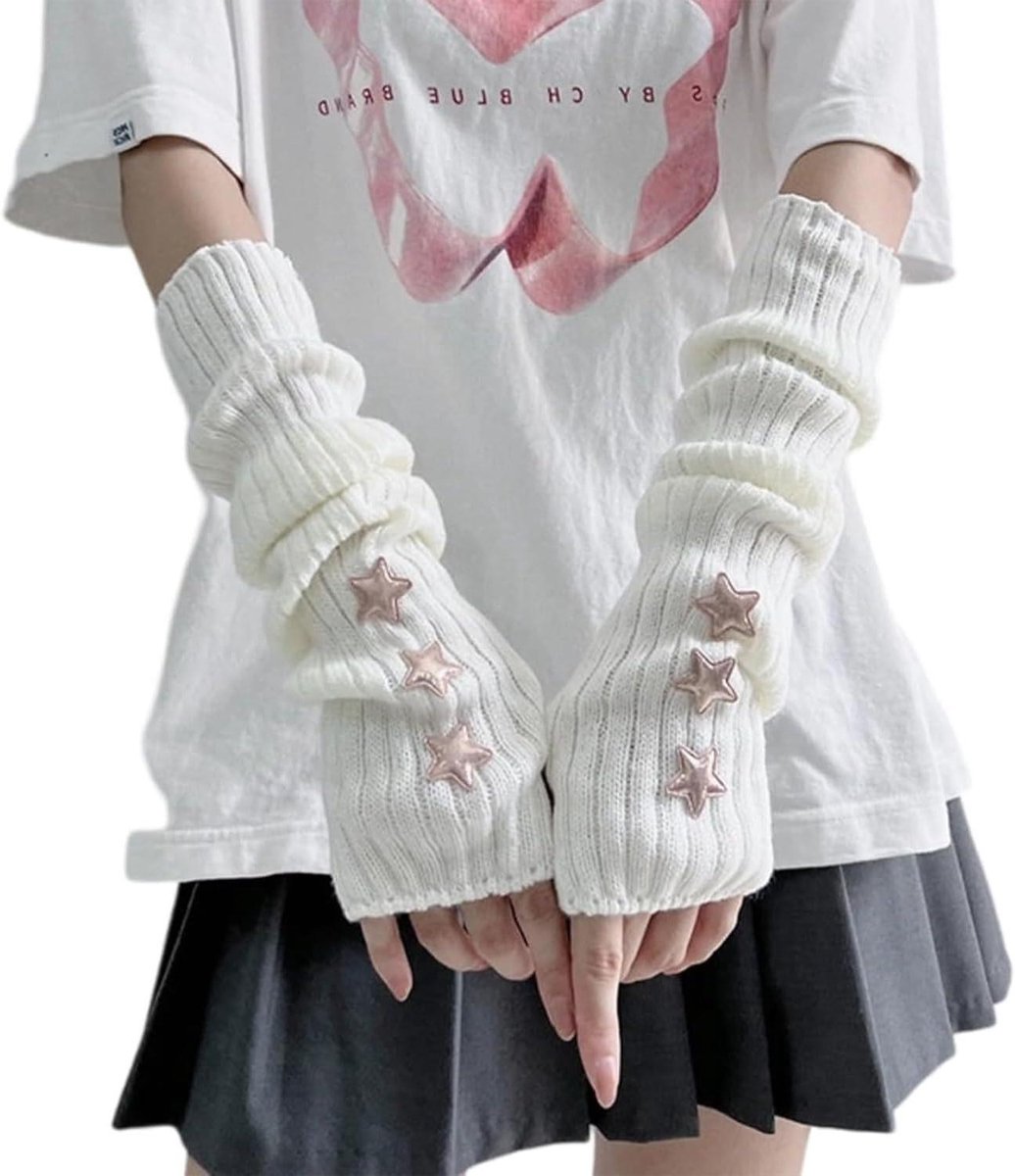 1 paar zachte witte vingerloze handschoenen met sterversiering voor Goth-outfits en armwarmers voor dames Femboy kleding - Y2K esthetische Grunge stijl