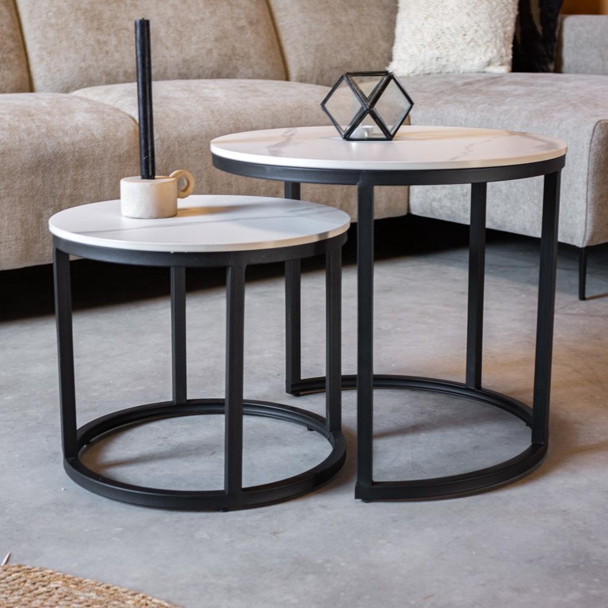 Dimehouse Ronde Salontafel Set van 2 Sintered Stone Marmerlook Paige Wit - 53 x 53 x 47 cm - Marmer - Modern - Rond