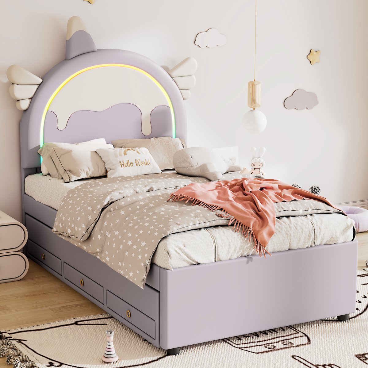 Gutent Kinderbed-90*200 cm - ledikant-unicorn vorm-met Onderschuifbed-PU materiaal-Paars-Geen matras — cadeau in Cadeau-ideeën - foto 6
