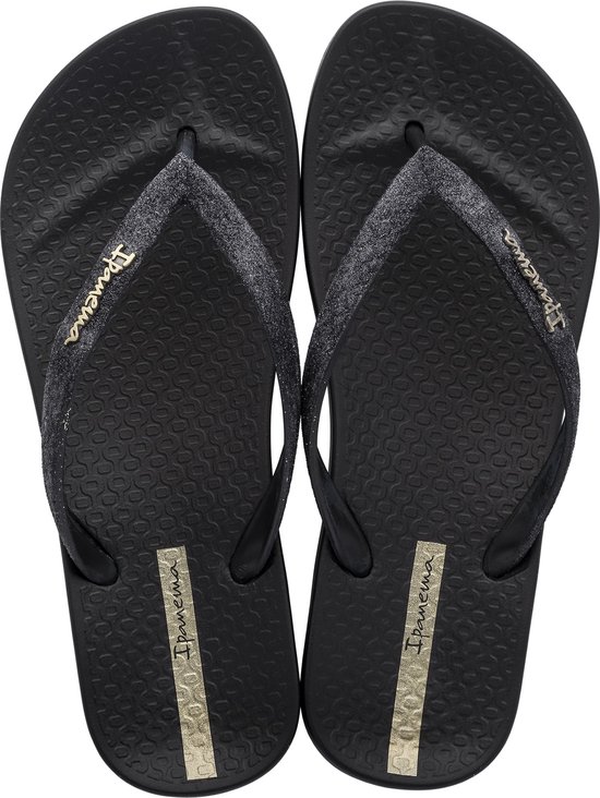 Zwarte Ipanema teenslippers met glitterband en goudkleurig logo.