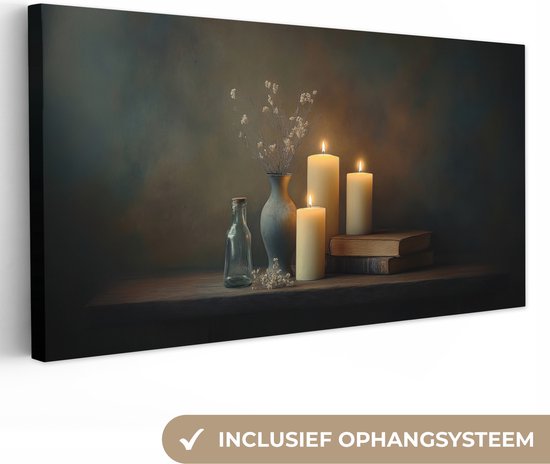 Canvas schilderij 160x80 cm - Exclusieve wanddecoratie Kaarsen - Stilleven - Rustiek - Boeken - Muurdecoratie woonkamer - Slaapkamer decoratie - Kamer accessoires - Schilderijen op canvas