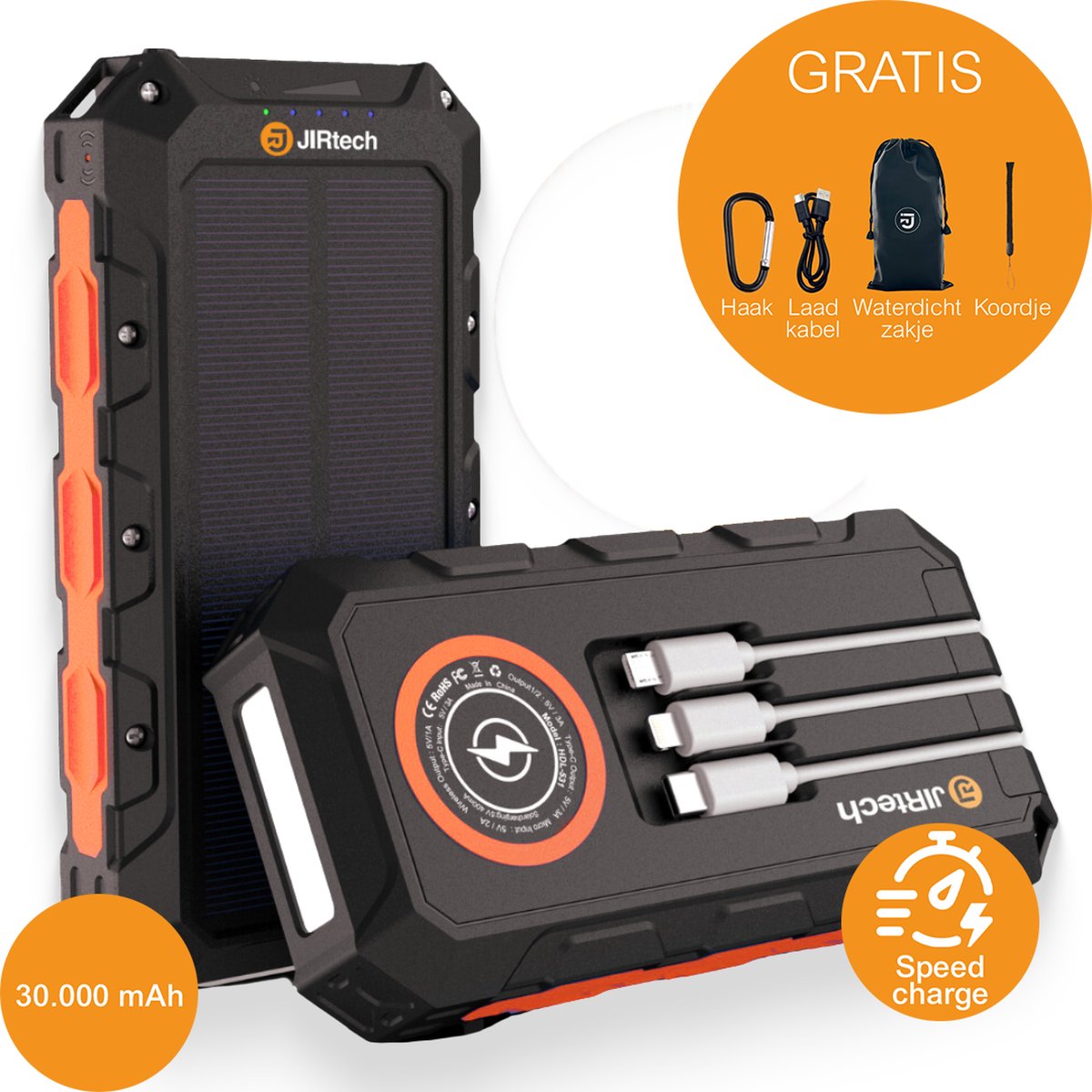 JIR Tech - Solar Powerbank 30 000 mAh - Ingebouwde kabels