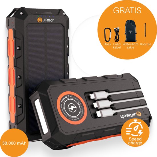 JIR Tech - Solar Powerbank 30 000 mAh - Ingebouwde kabels - JIR - €64,95