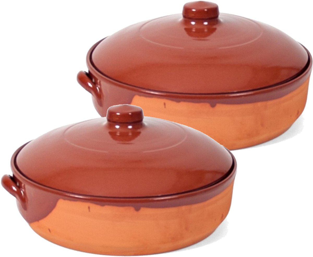 2x Stenen ovenschalen met deksel bruin/ terracotta 28 cm - Terracotta ovenschalen/braadpannen