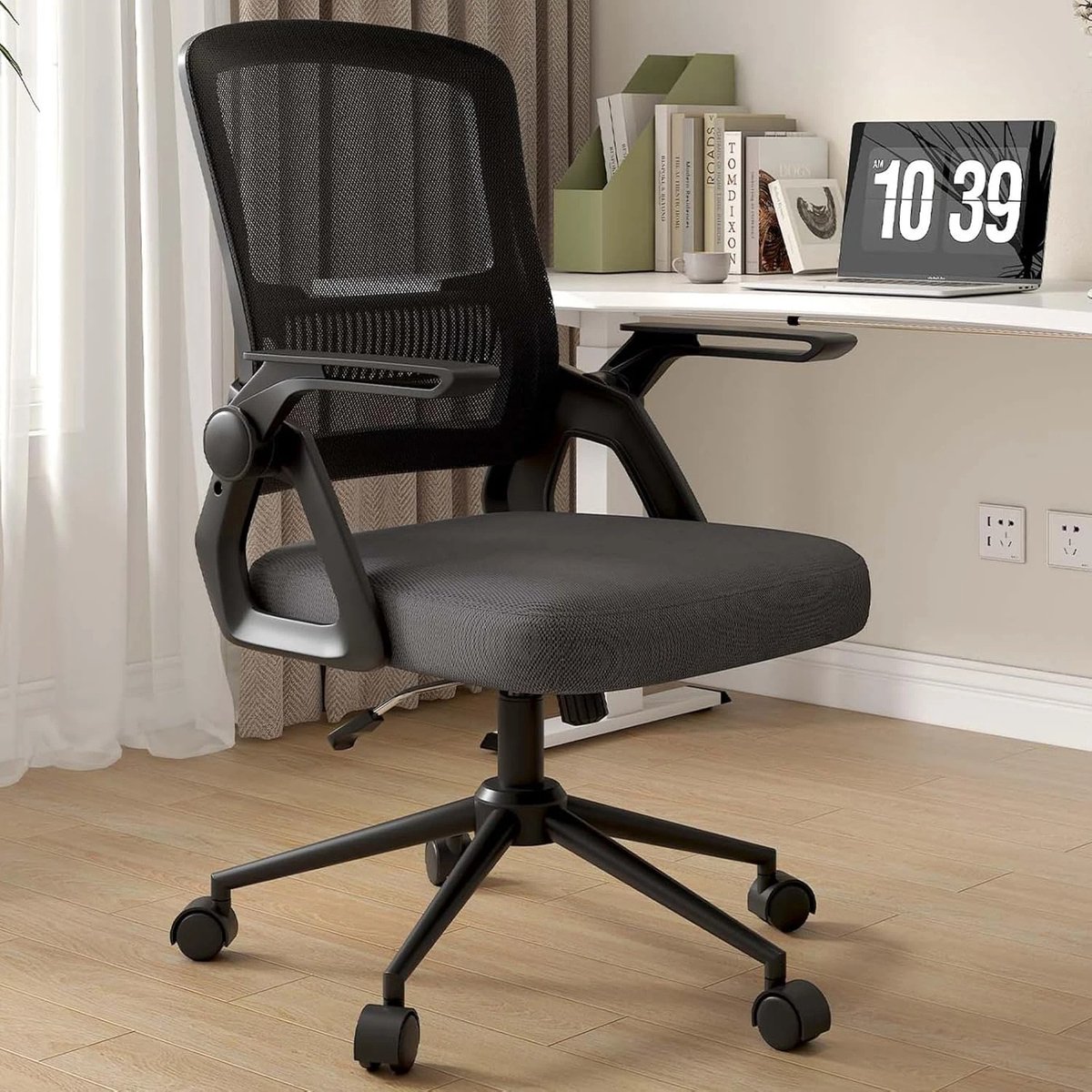 Kantoorstoel - Ergonomische Rugleuning - Comfort - 90graden Opvouwbare Armleuningen - Metalen Onderstel - Verstelbare Zithoogte - Schommelmodus - Zwart