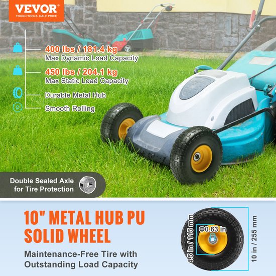 VEVOR Volledige Pu-Wielen met Runflat-Banden, 10 Inch, 2 Stuks, 400 Lbs Dynamische Belasting, 450 Lbs Statische Belasting, Tubeless Banden En Wielen voor Steekwagens, Bedrijfswagens, Dolly's, Tuinaanhangers van VEVOR — afbeelding 5