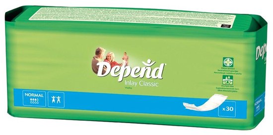 Groene verpakking Depend Inlay Classic pads, NORMAL, 30 stuks. Bevat een afbeelding van een gezin.