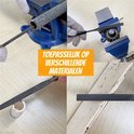 Vier panelen die het gebruik van de vijlen laten zien op verschillende materialen zoals metaal, hout en glas.