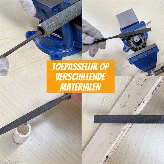 Vier panelen die het gebruik van de vijlen laten zien op verschillende materialen zoals metaal, hout en glas.