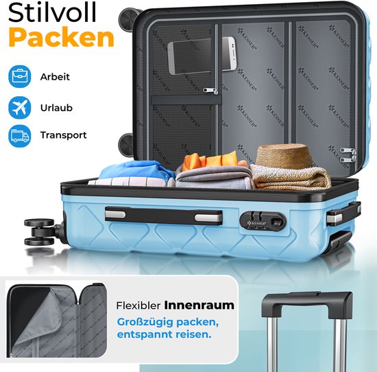 Open blauwe koffer met kleding, met de tekst 'Stilvoll Packen' en 'Flexibler Innenraum'.