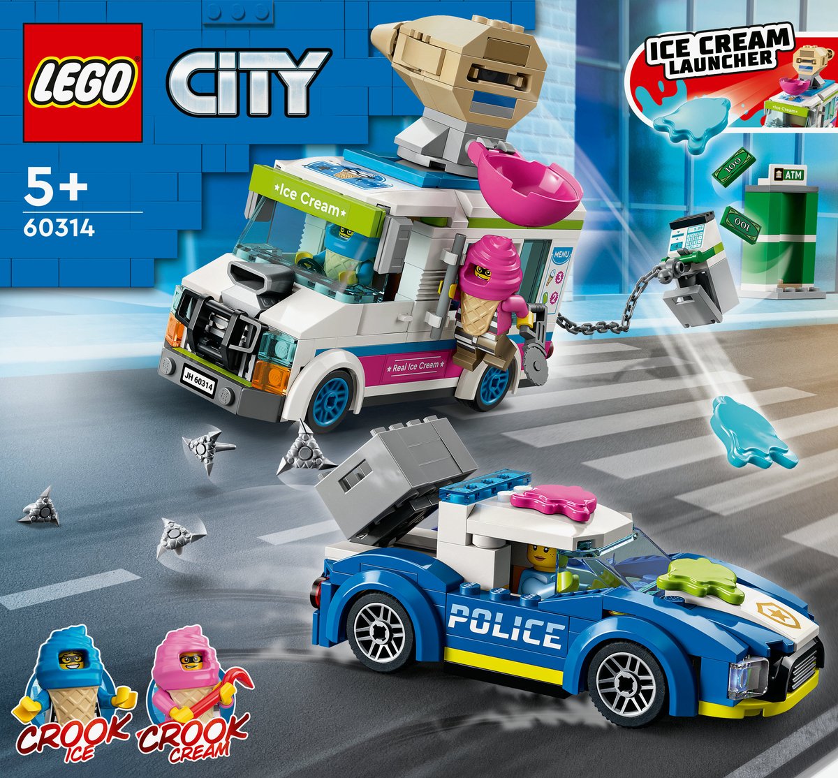 LEGO® City IJswagen politieachtervolging 60314 bouwset voor kinderen vanaf 5 jaar; met een ijswagen met kledderschieter, een onderscheppingsvoertuig van de politie, een geldautomaat en 2 personages uit de LEGO City tv-serie (317 onderdelen) — afbeelding 15