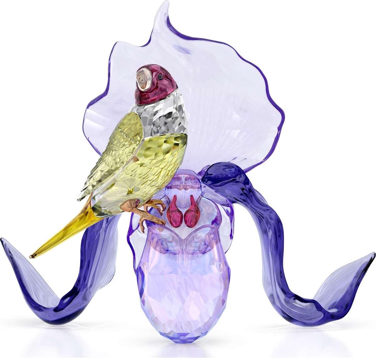 Swarovski beeldjes Idyllia Gouldiaanvink en Orchidee 5675211 | Paars kristalbeeldje van Swarovski | kleurrijke natuurdecoratie en elegante stijl