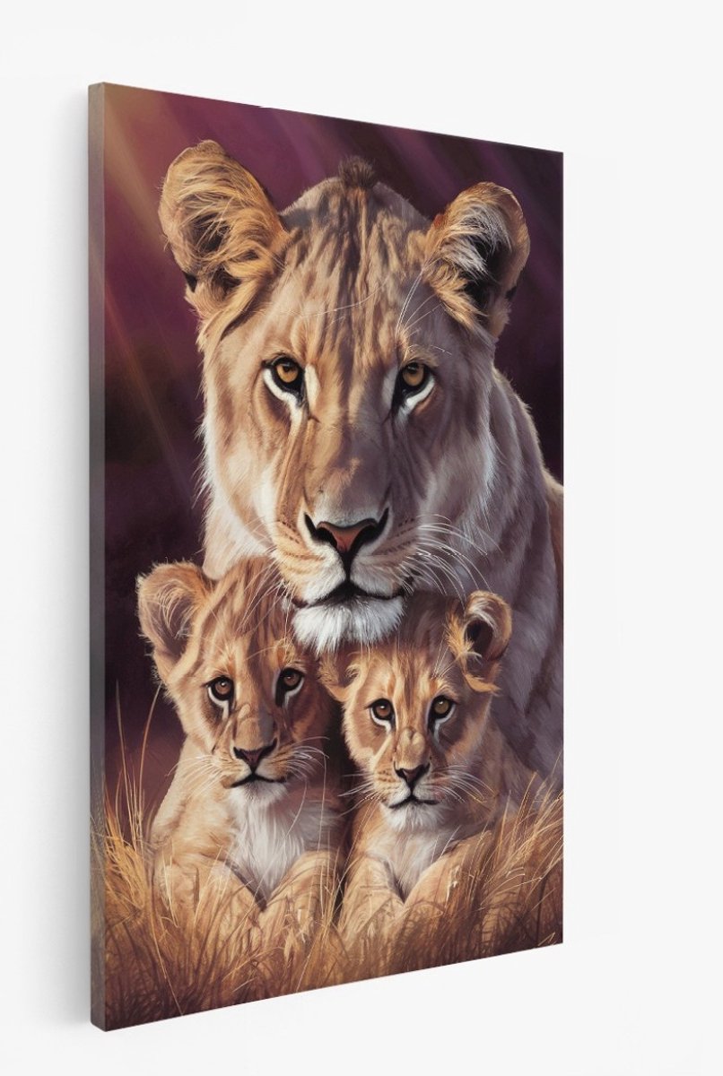 Saammp Canvas Schilderij - Leeuw met 2 welpen - Abstract - Dieren - 40x60 - Foto op canvas - Wanddecoratie - Muurdecoratie Woonkamer - Slaapkamer decoratie - Canvas Print Multicolor