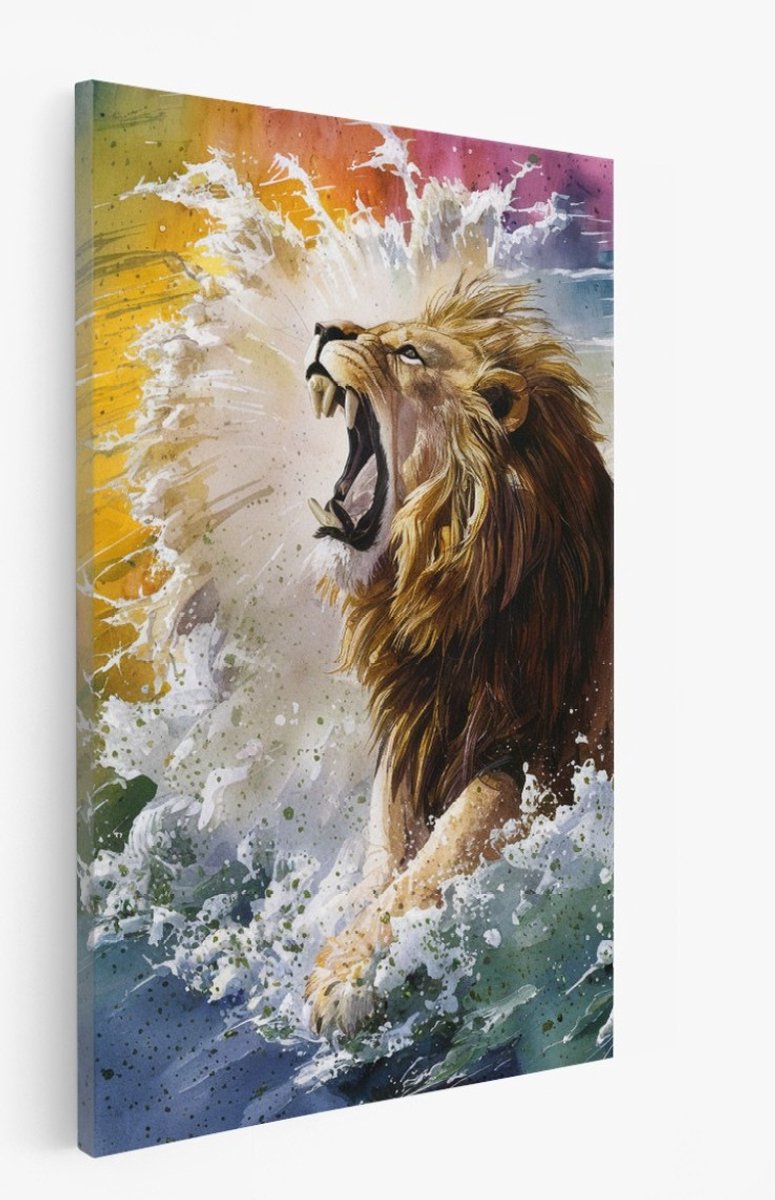 Saammp Canvas Schilderij - Brullende Leeuw - Kleurrijk - Abstract - Natuur - Dieren - 40x50 - Foto op canvas - Wanddecoratie - Muurdecoratie Woonkamer - Slaapkamer decoratie - Canvas Print Multicolor