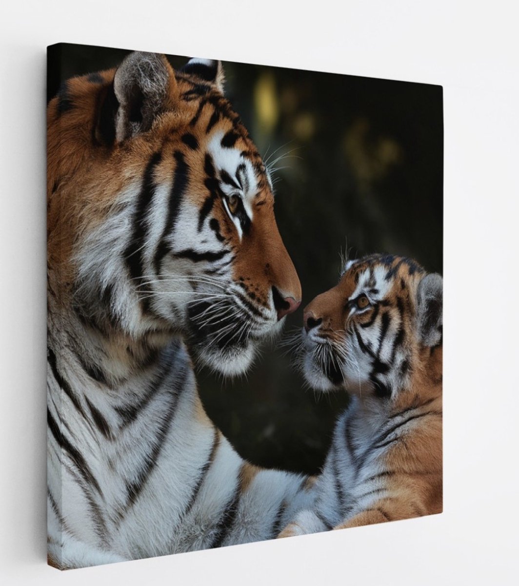 Saammp Canvas Schilderij - Tijger met welp - Natuur - Dieren - 30x30 - Foto op canvas - Wanddecoratie - muurdecoratie Woonkamer - Slaapkamer decoratie - Canvas Print Multicolor