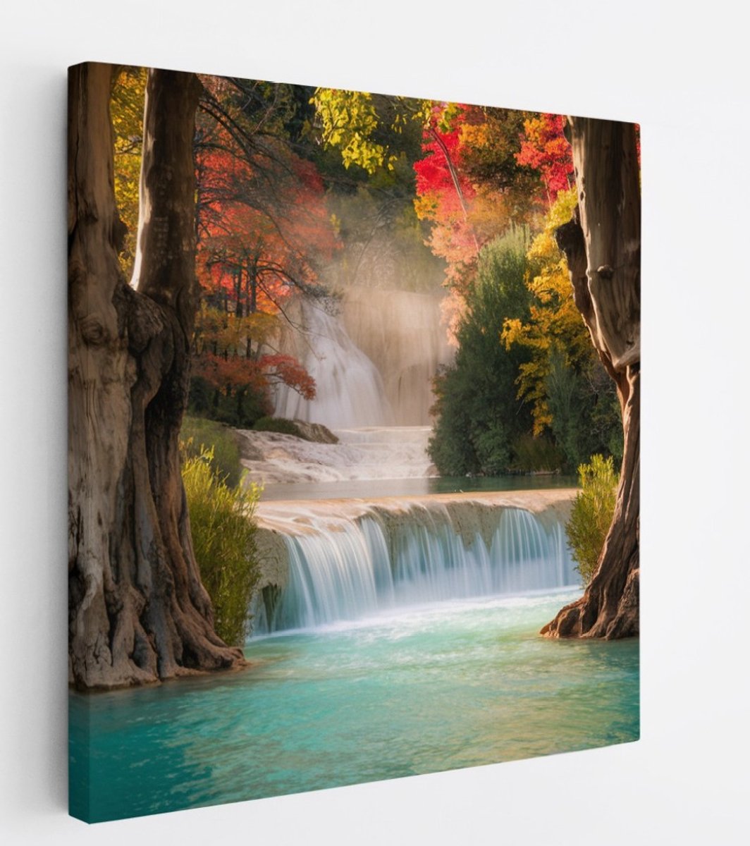 Saammp Canvas Schilderij - Waterval tussen de bomen - Landschap - Natuur - 20x20 - Foto op canvas - Wanddecoratie - Muurdecoratie Woonkamer - Slaapkamer decoratie - Canvas Print Multicolor