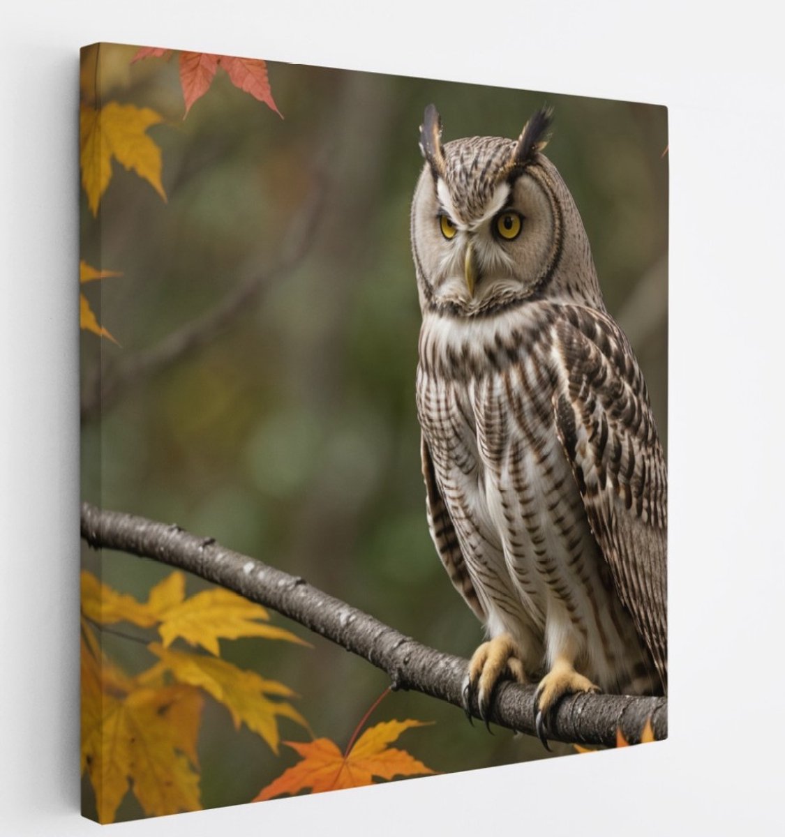 Saammp Canvas Schilderij - Uil op tak in de herfst - Natuur - Dieren - 100x100 - Foto op canvas - Wanddecoratie - Muurdecoratie Woonkamer - Slaapkamer decoratie - Canvas Print Multicolor