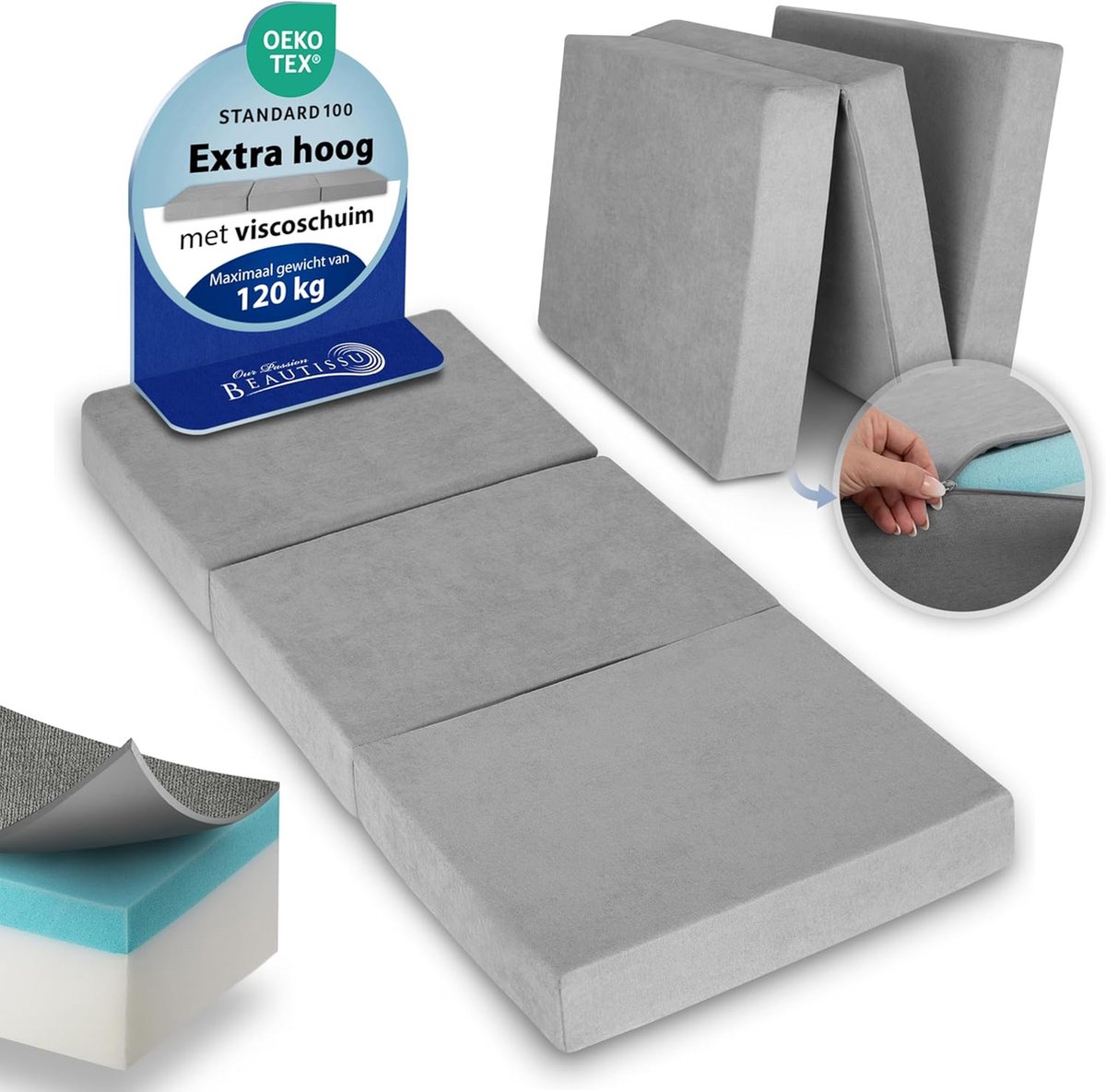 Beautissu VS95 – Premium Opvouwbaar Matras XXL 140X200cm – Extra Dik 14cm Traagschuim Vouwmatras H3 – Wasbar – Eenvoudig Transport – Grijs