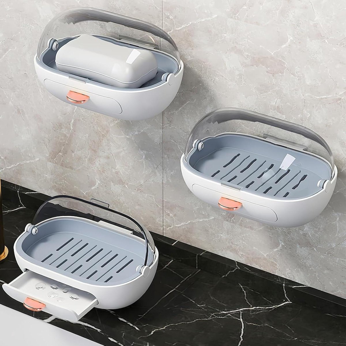Zeepbakje met deksel voor badkamer en douche - wandmontage met afvoer - lijm inbegrepen .