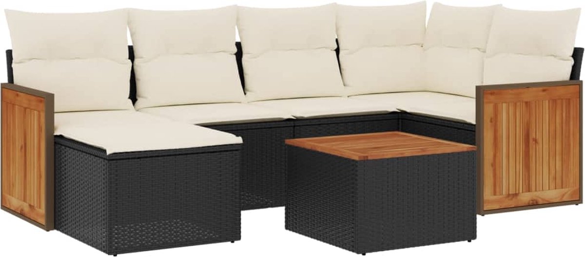 The Living Store 7-delige Loungeset met kussens poly rattan zwart - Loungeset - Tuinmeubels - Lounge Set - Pe Rattan - Outdoor Furniture