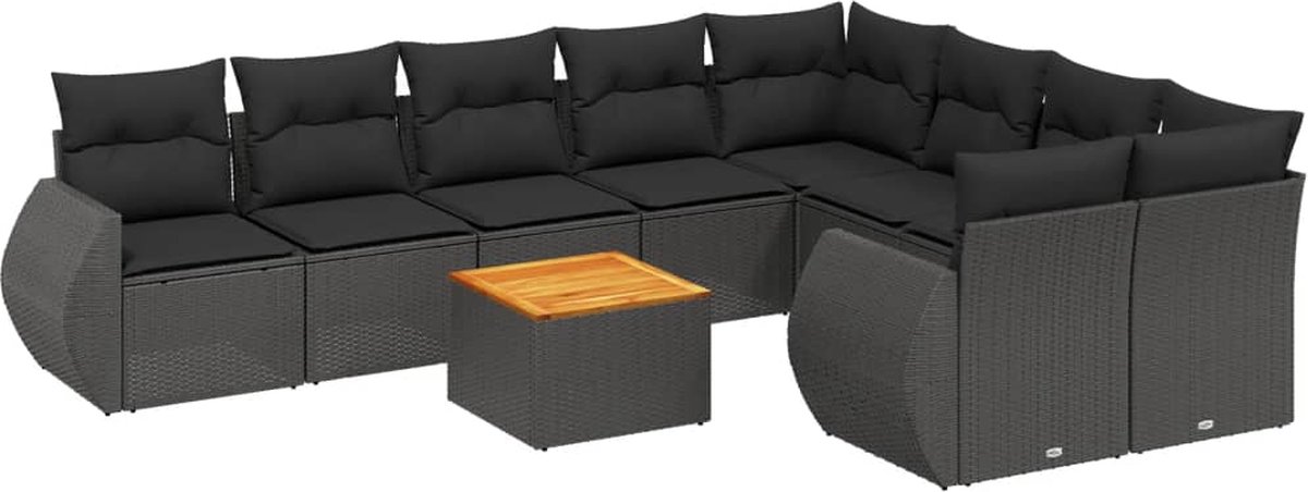 The Living Store 10-delige Loungeset met kussens poly rattan zwart - Loungeset - Tuinmeubels - Lounge Set - PE-rattan - Zwarte Loungebank