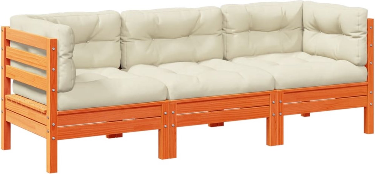 3-delige loungeset met kussens in massief grenenhout wasbruin - Tuin Lounge Set.