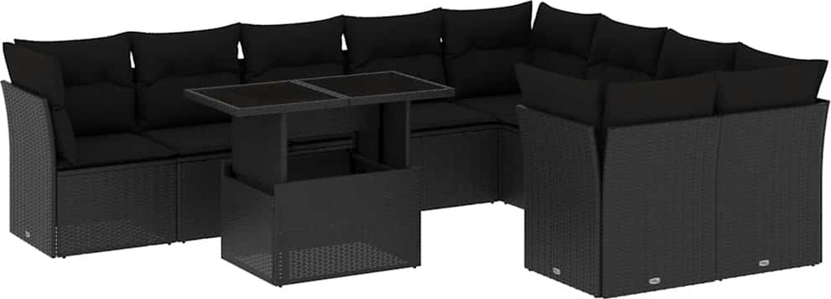 Zwarte poly rattan loungeset met kussens - Tuinmeubilair - Buitendecoratie